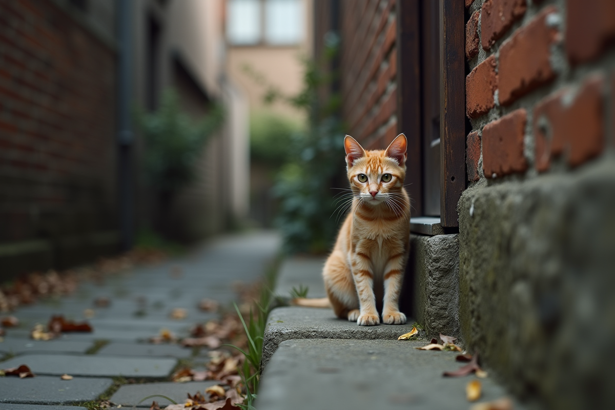 Chat errant sur une marche en pierre devant une porte en bois