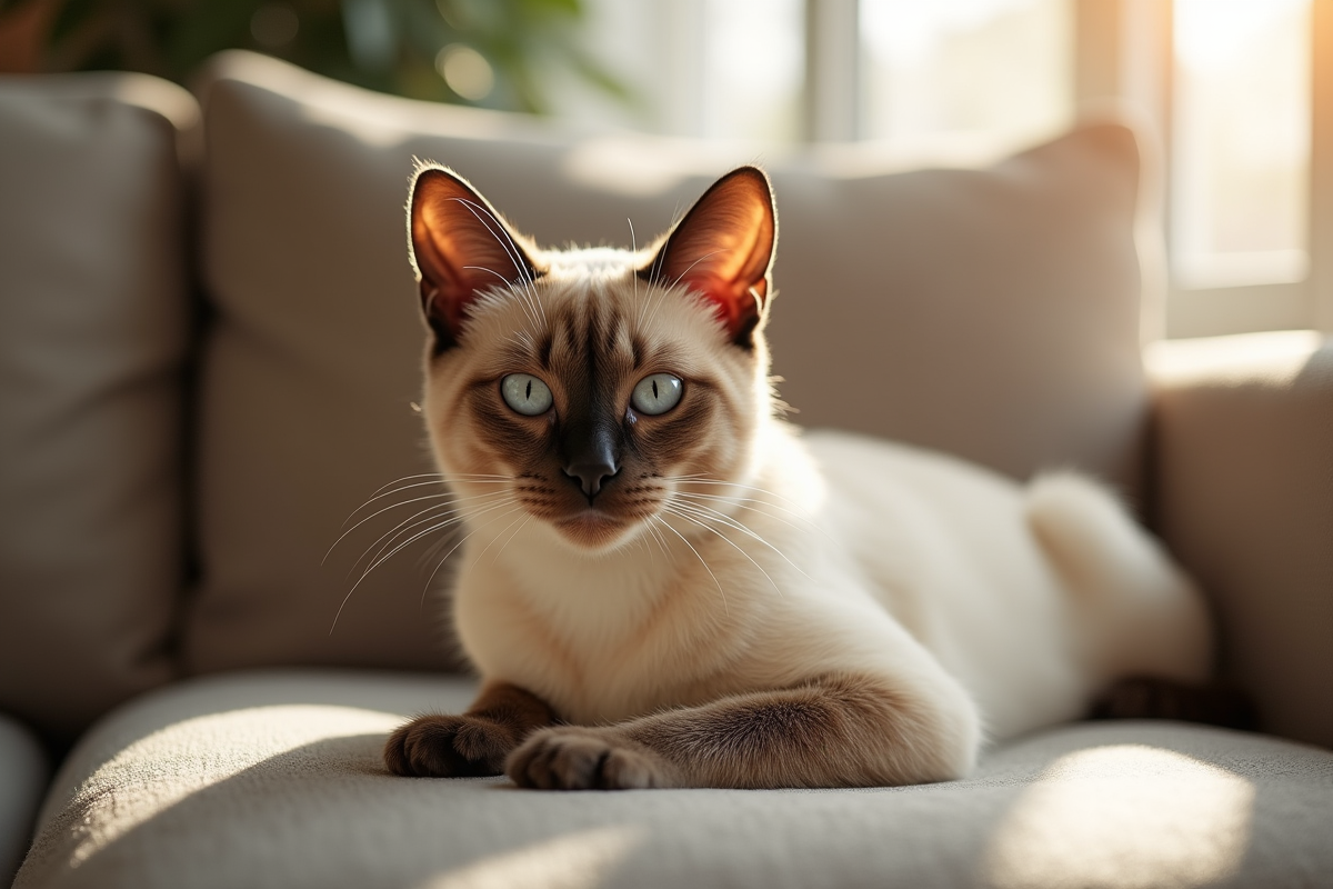 Chat siamois reposant sur un canapé ensoleille chez lui