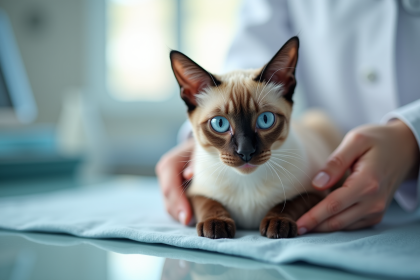 Chat siamois examiné par un vétérinaire dans un cabinet