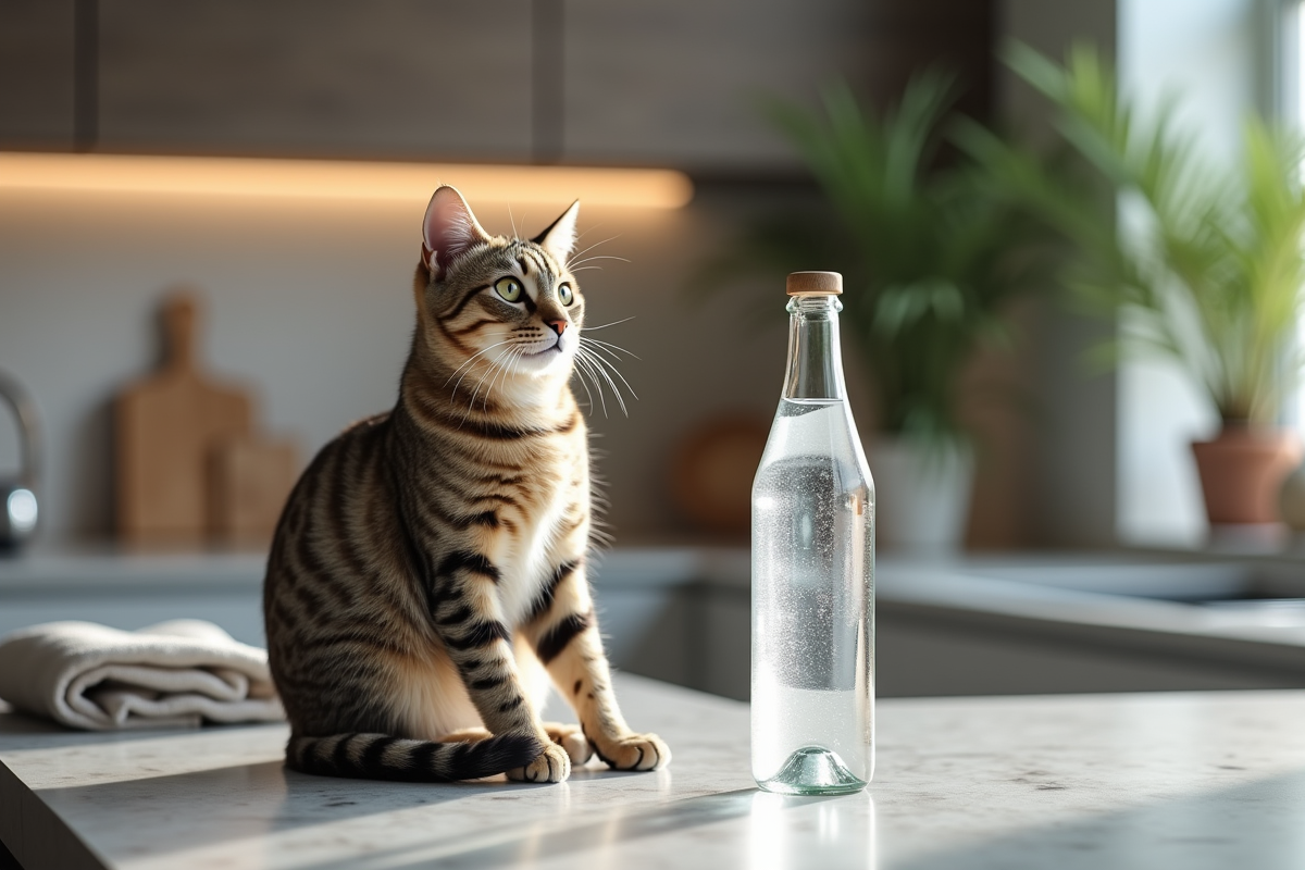 Chat tabby adulte sur un plan de travail moderne