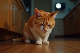Chat tigré orange accroupi sur un parquet la nuit, posture caractéristique avant de vomir, cuisine sombre en arrière-plan