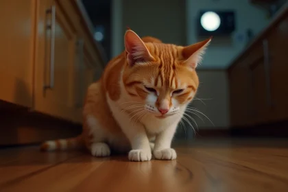 Chat tigr&eacute; orange accroupi sur un parquet la nuit, posture caract&eacute;ristique avant de vomir, cuisine sombre en arri&egrave;re-plan