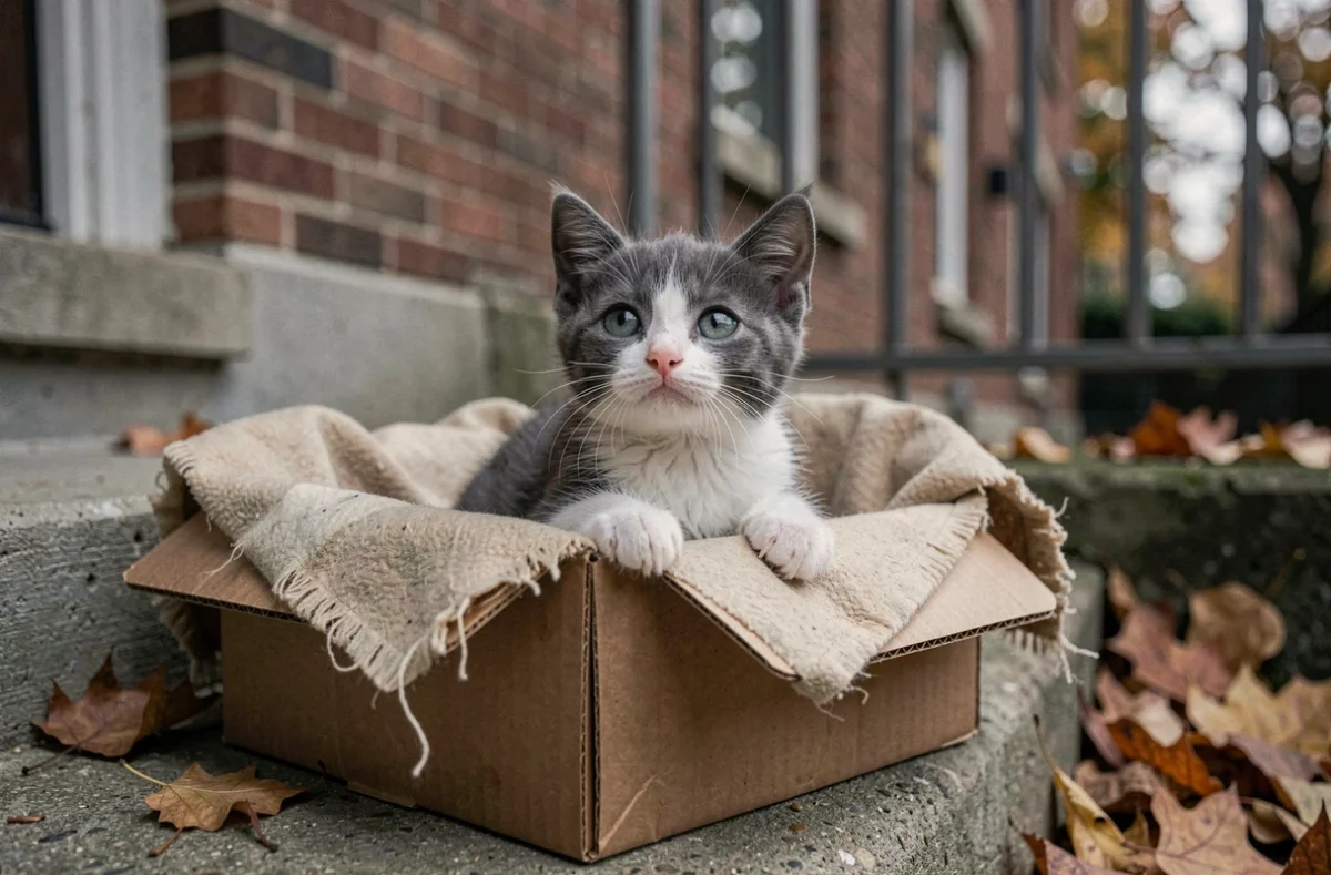 Chaton gris et blanc abandonné dans un carton sur des marches en béton attendant d'être adopté