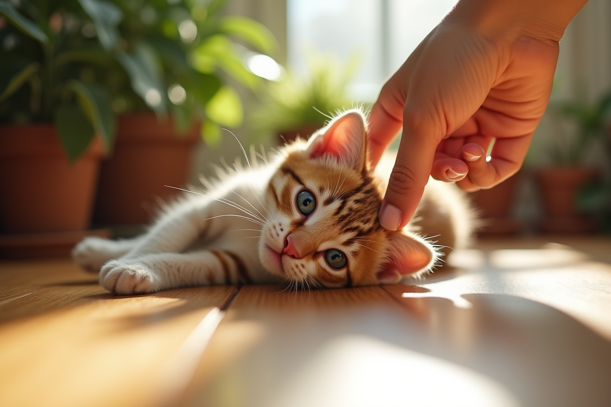 Chaton joueur repose sur un sol en bois en famille