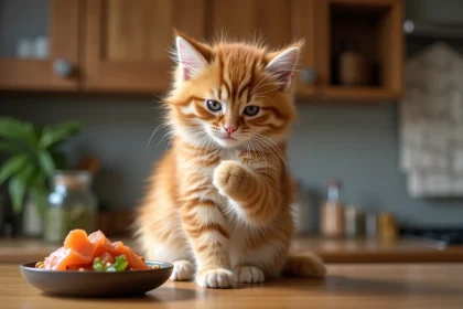 Jeune chaton ginger se toilettant sur la table