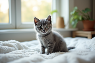 Chaton gris curieux sur une couverture blanche près d'une fenêtre