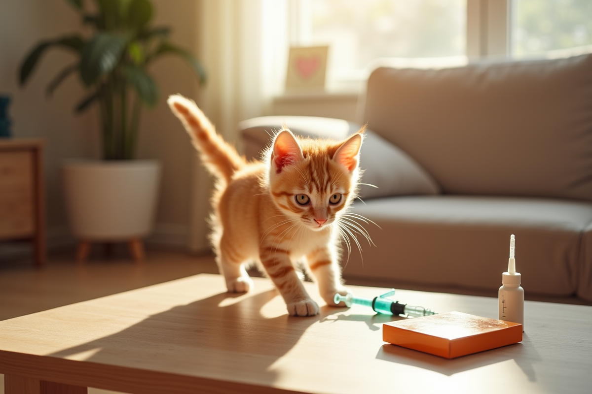 Chaton orange explorant un salon ensoleille