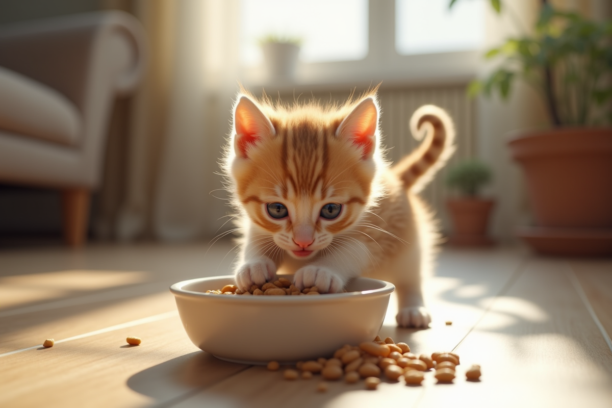 Chaton joueur mangeant dans un bol en céramique dans la cuisine