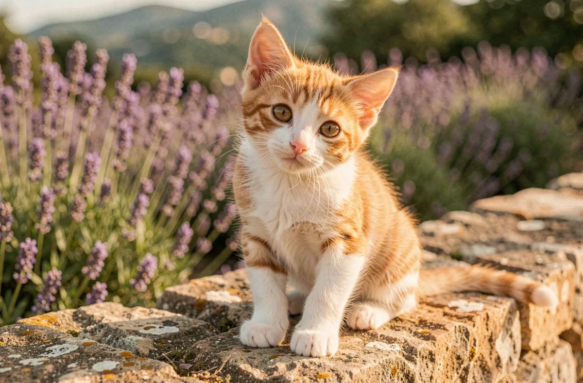Chaton roux et blanc seul assis sur un muret en pierre avec des lavandes en arrière-plan dans un jardin provençal près de Toulon