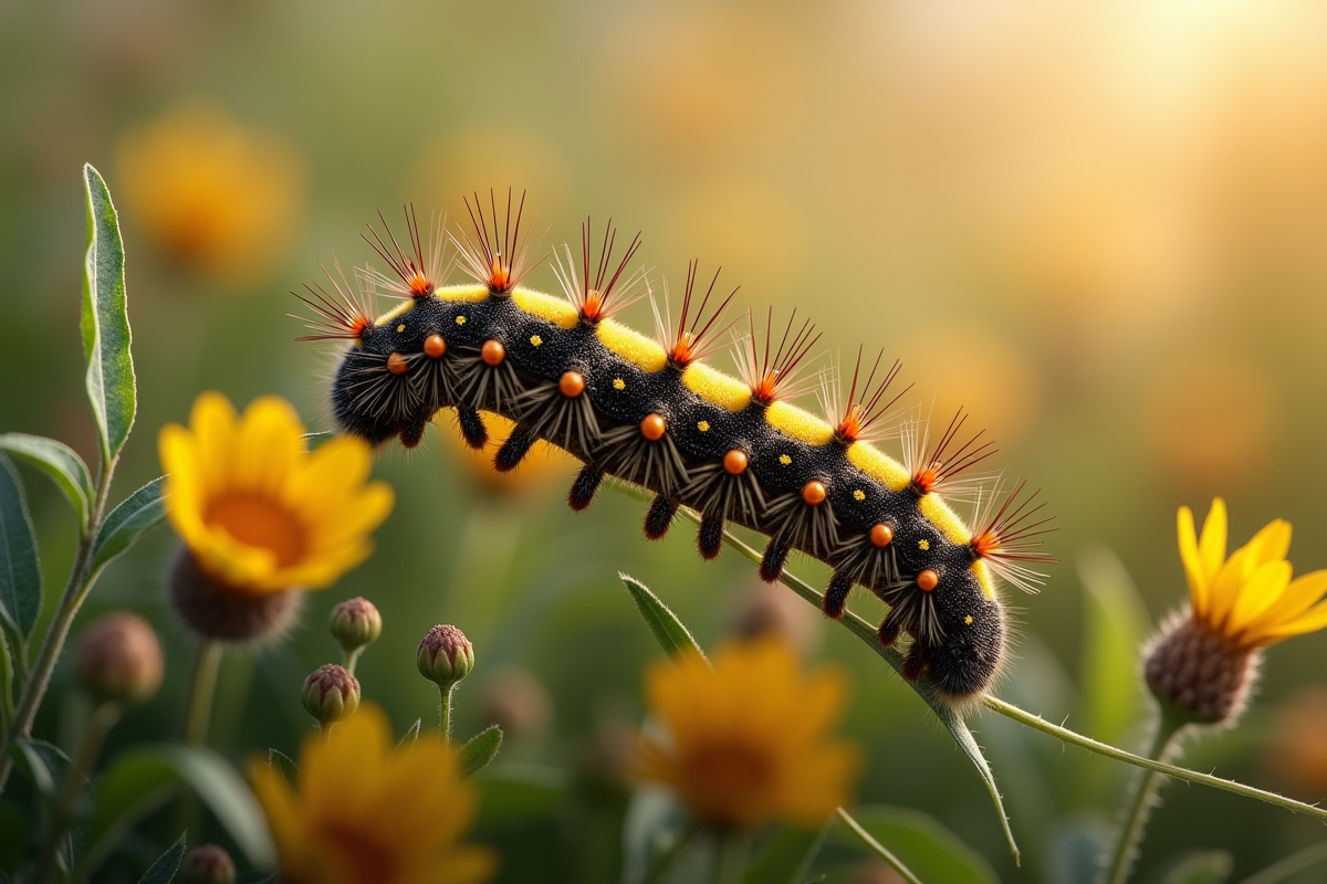 Chenille jaune et noire se promenant parmi des fleurs sauvages en plein jour