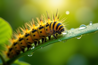 Chenille jaune et noire mangeant une feuille verte sur une branche ensoleillee