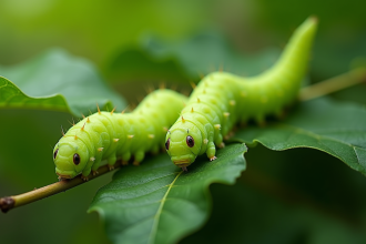 Gros plan de chenilles vertes sur feuilles de mûrier