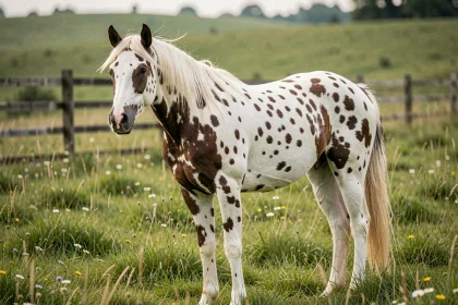 Cheval Appaloosa à robe léopard debout dans un pré verdoyant avec une clôture en bois en arrière-plan