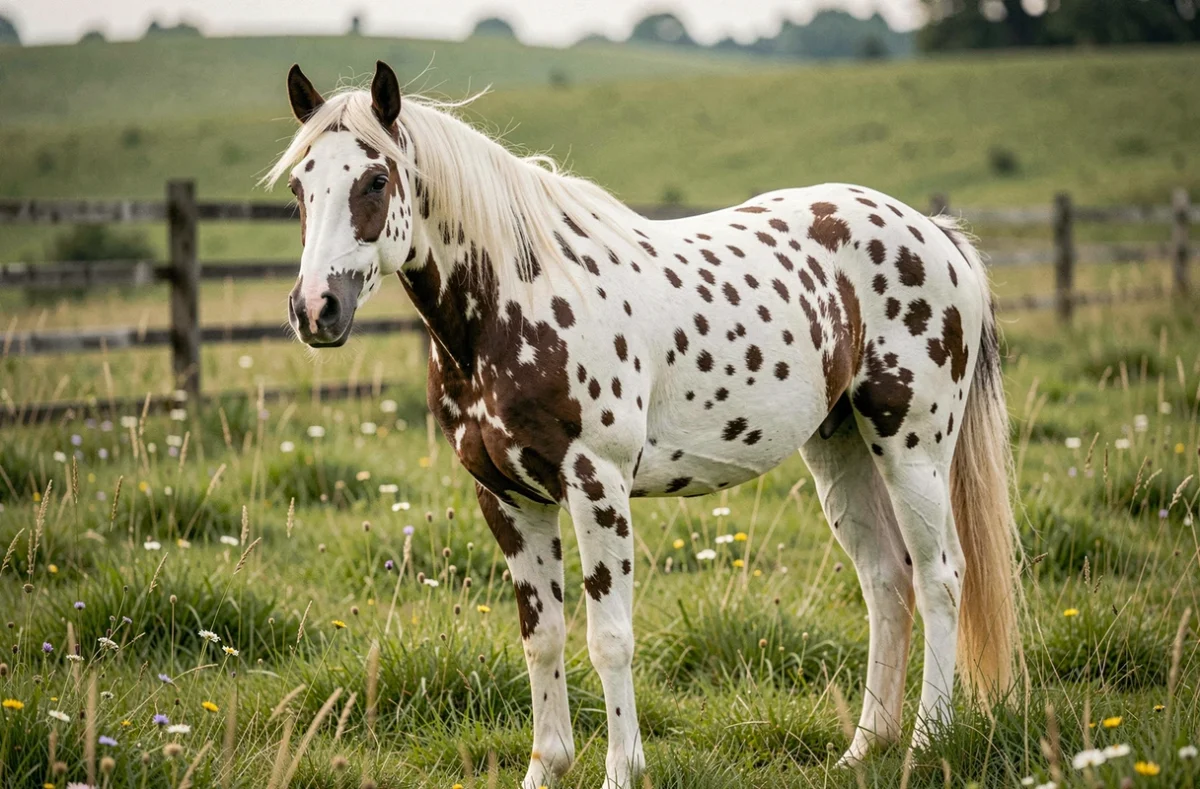 Cheval Appaloosa à robe léopard debout dans un pré verdoyant avec une clôture en bois en arrière-plan