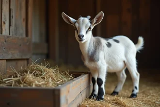 Chèvre naine Nigerian Dwarf mangeant du foin dans une mangeoire en bois à l'intérieur d'une grange rustique