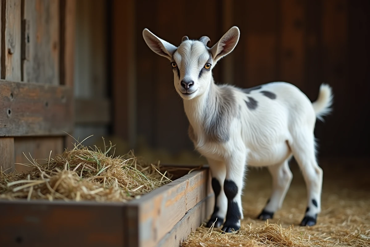 Chèvre naine Nigerian Dwarf mangeant du foin dans une mangeoire en bois à l'intérieur d'une grange rustique