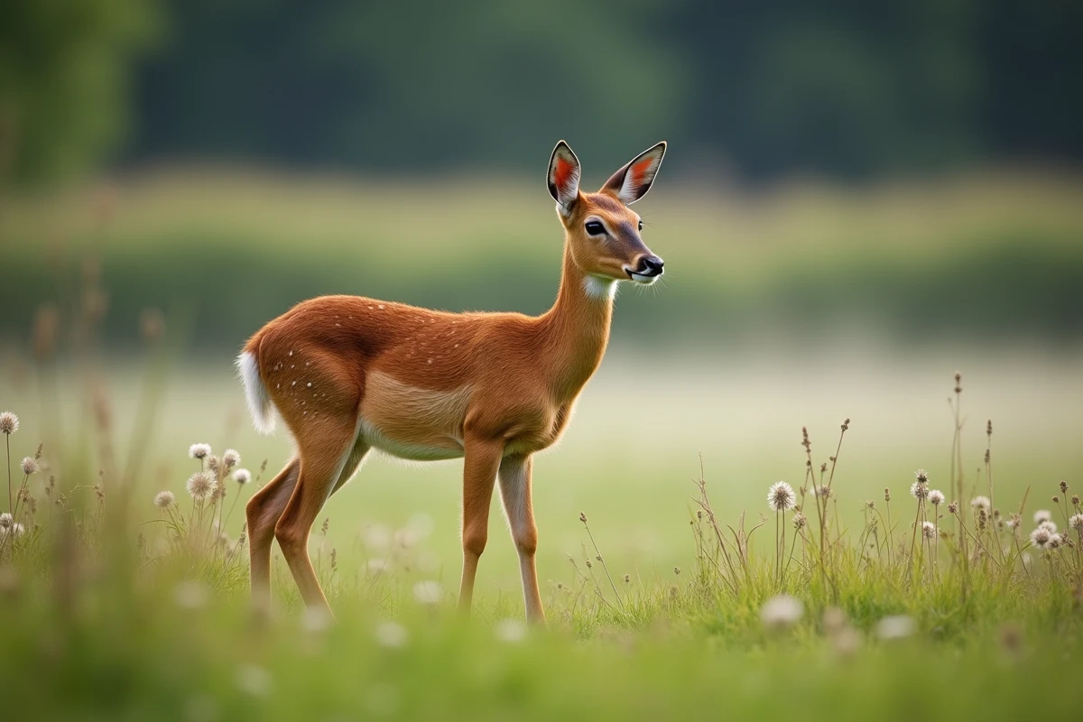 Chevrette en lisière de prairie, petite silhouette gracile et pelage roux estival typique du chevreuil européen