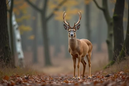 Chevreuil adulte en for&ecirc;t au matin avec bois clair