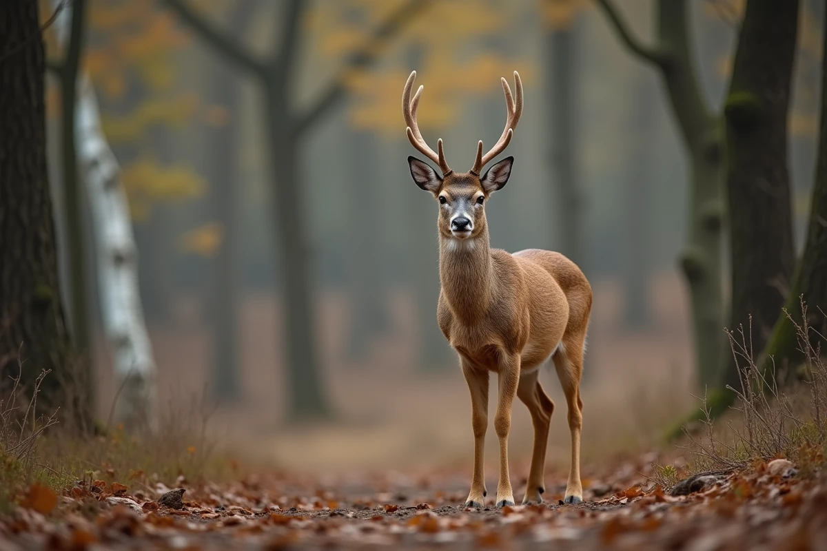Chevreuil adulte en forêt au matin avec bois clair