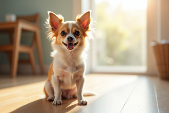 Chihuahua heureux assis sur un sol en bois clair