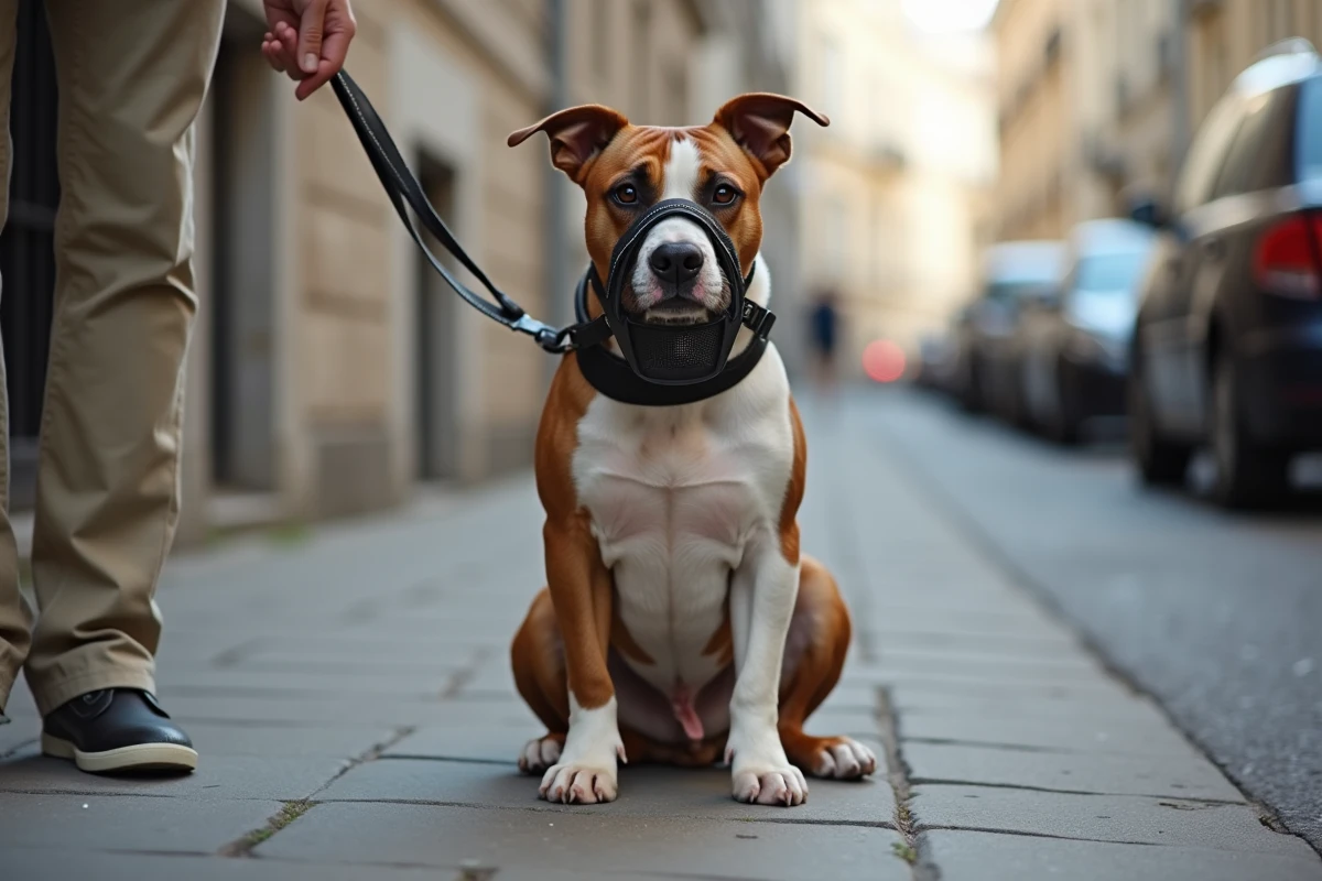 Chien de type Staffordshire muselé en laisse sur un trottoir urbain en France
