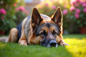 Chien berger allemand âgé allongé paisiblement dans un jardin ensoleille