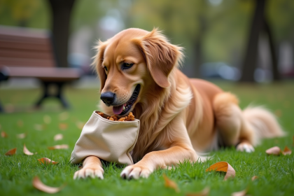 Golden Retriever joueur dans un parc en ville