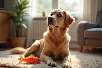 Golden retriever assis sur un tapis dans un salon lumineux