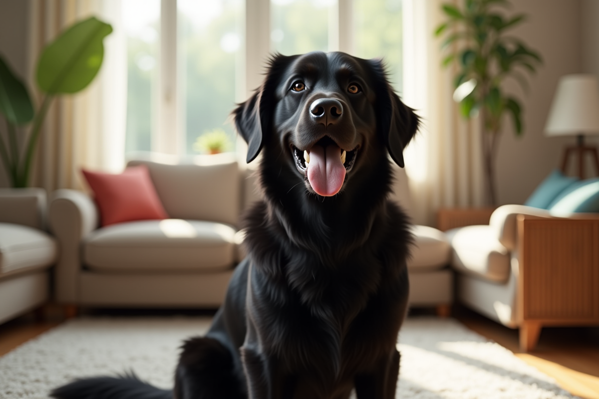 Golden retriever noir souriant dans un salon lumineux