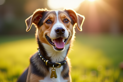 Chien heureux avec collier brillant et plaque A en plein soleil
