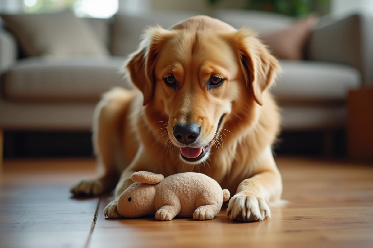 Chien golden retriever jouant avec un jouet-lapin en forme de lapin sur un plancher en bois dans un salon cosy