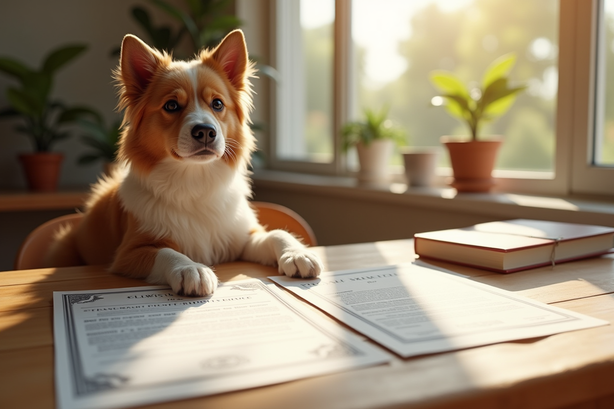Chien pur-sang assis près de documents d'enregistrement