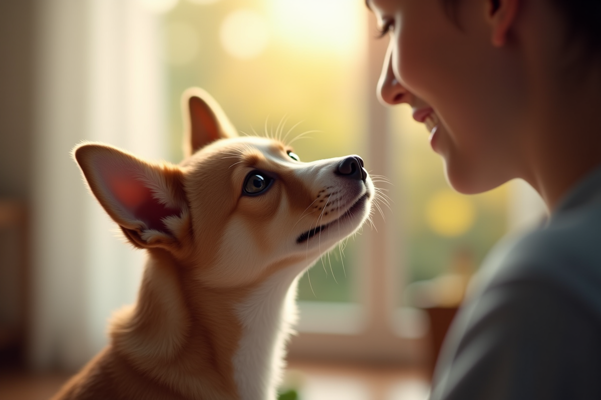 Jeune chien regardant attentivement une personne en intérieur