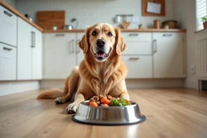 Chien golden retriever devant un bol de nourriture fraîche et équilibrée dans une cuisine moderne, illustrant un repas préparé selon un budget mensuel maîtrisé