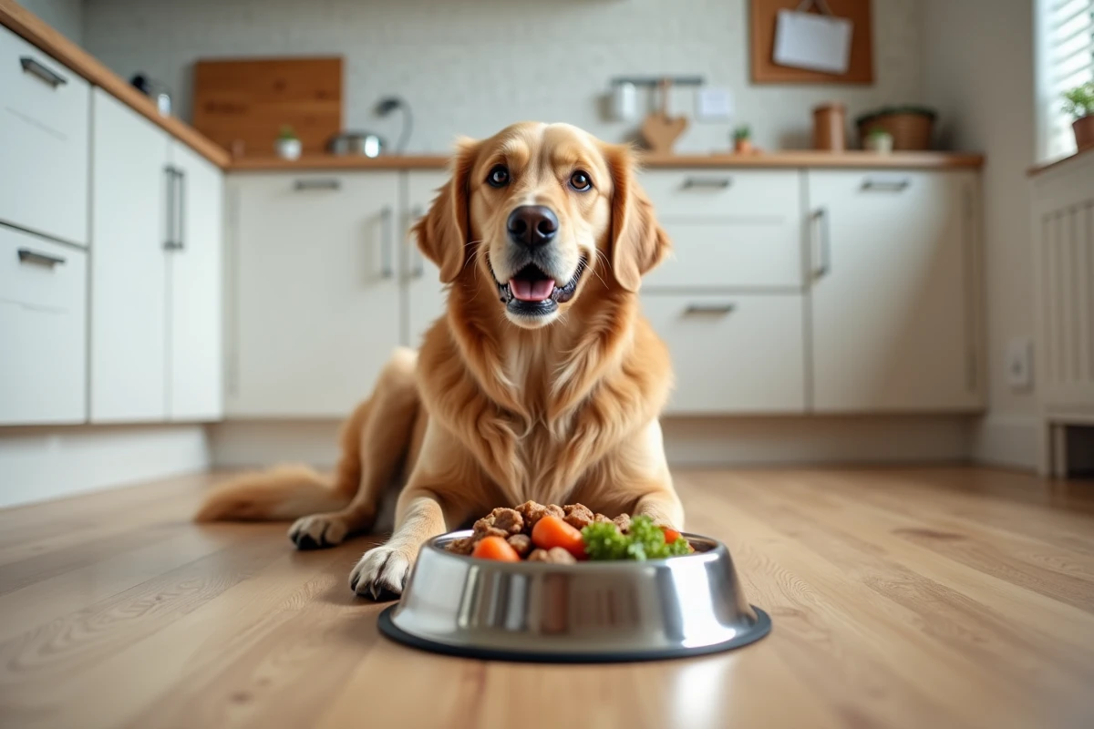 Chien golden retriever devant un bol de nourriture fraîche et équilibrée dans une cuisine moderne, illustrant un repas préparé selon un budget mensuel maîtrisé