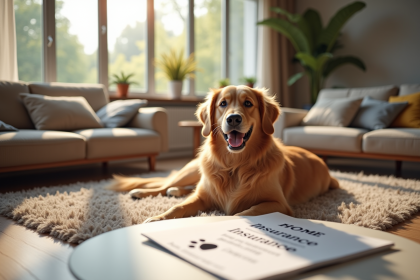 Golden retriever sur tapis dans un salon lumineux