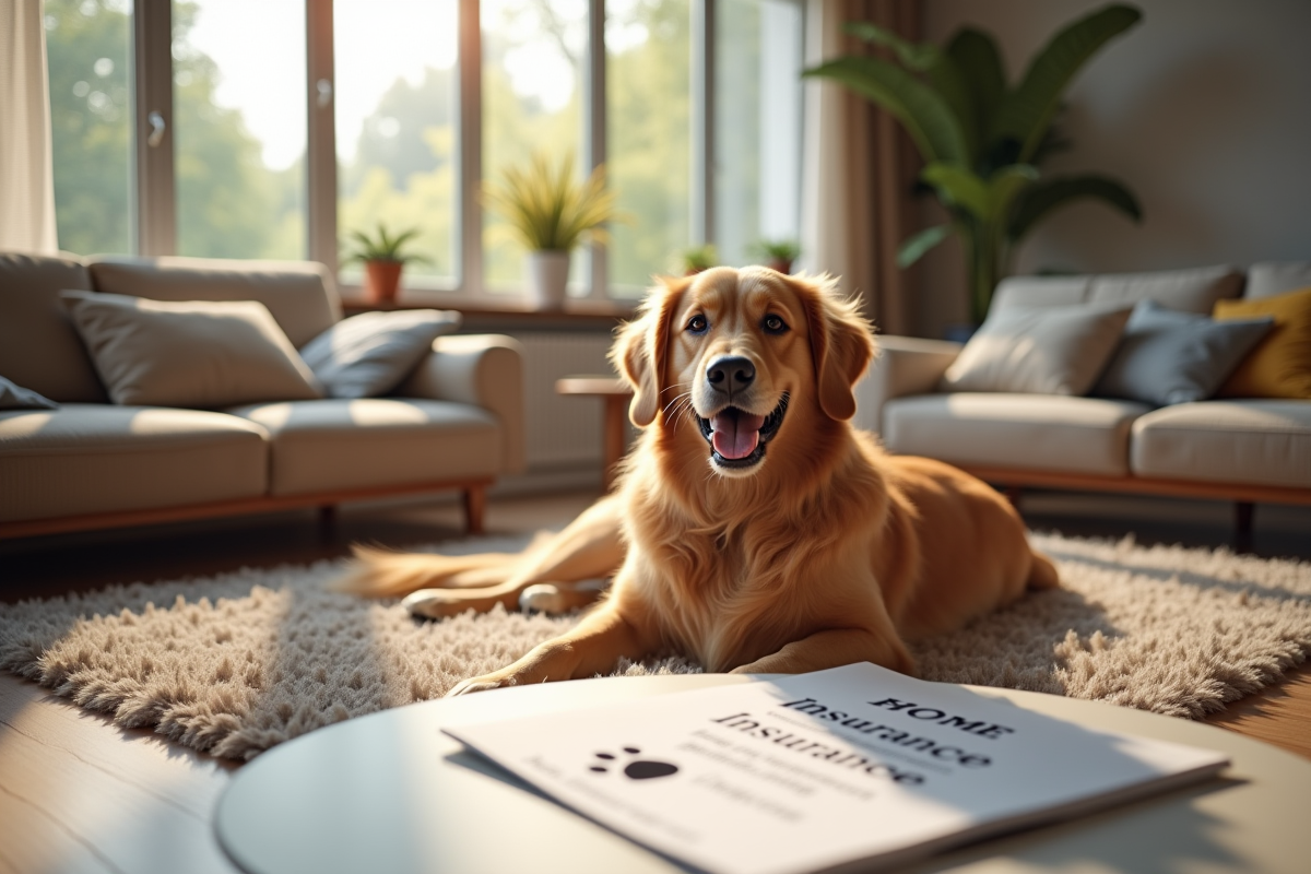 Golden retriever sur tapis dans un salon lumineux