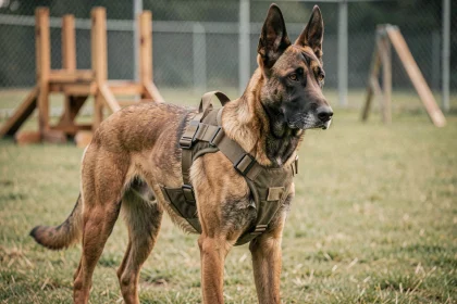 Chien de travail Malinois avec harnais professionnel sur terrain d'entraînement pour illustrer la mutuelle chien de travail