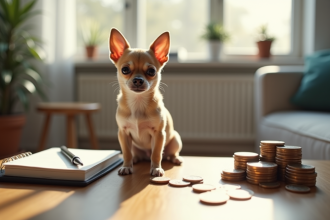 Petit chihuahua dans un salon moderne avec pièces et carnet
