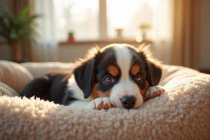 Chiot Australian Shepherd au repos dans un salon lumineux