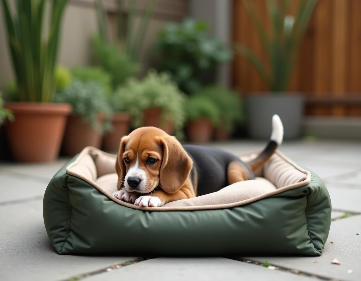 Chiot beagle qui mâche le bord d'un coussin résistant aux morsures sur une terrasse extérieure