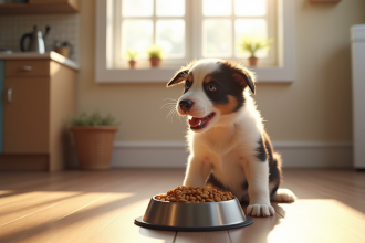 Chiot border collie dans la cuisine ensoleillee
