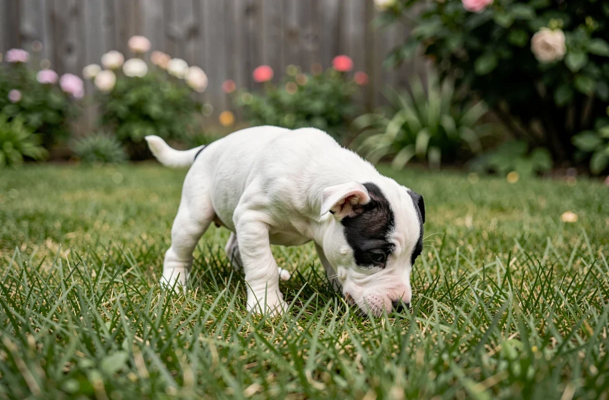 Chiot bull terrier femelle explorant un jardin verdoyant, pelage blanc avec tache noire sur l'œil, posture naturelle et détendue