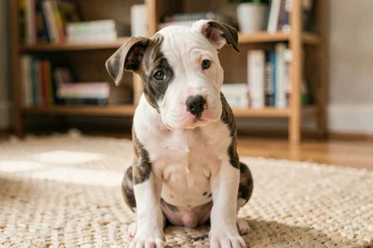 Chiot bull terrier blanc et bringé assis sur un parquet en bois, regard vif et oreilles dressées, atmosphère chaleureuse d'intérieur