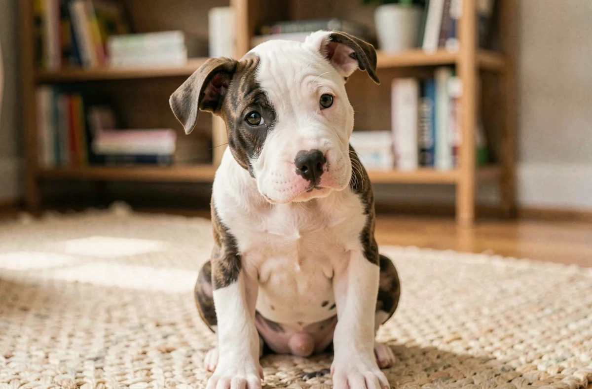 Chiot bull terrier blanc et bringé assis sur un parquet en bois, regard vif et oreilles dressées, atmosphère chaleureuse d'intérieur