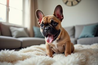 Chiot bulldog francais assis sur un coussin dans un salon