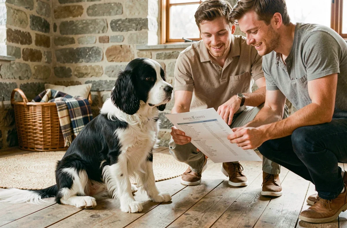 Couple visitant un élevage compare un chiot Cocker Spaniel Nain bicolore aux standards de race officiels