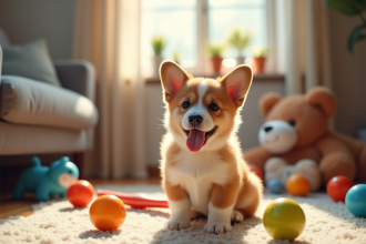 Chiot corgi joueur dans un salon cosy avec jouets