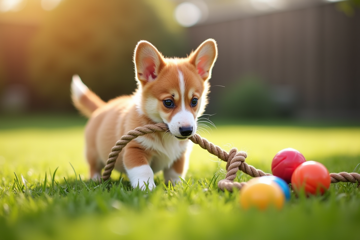 Chiot corgi curieux explorant le jardin en plein matin