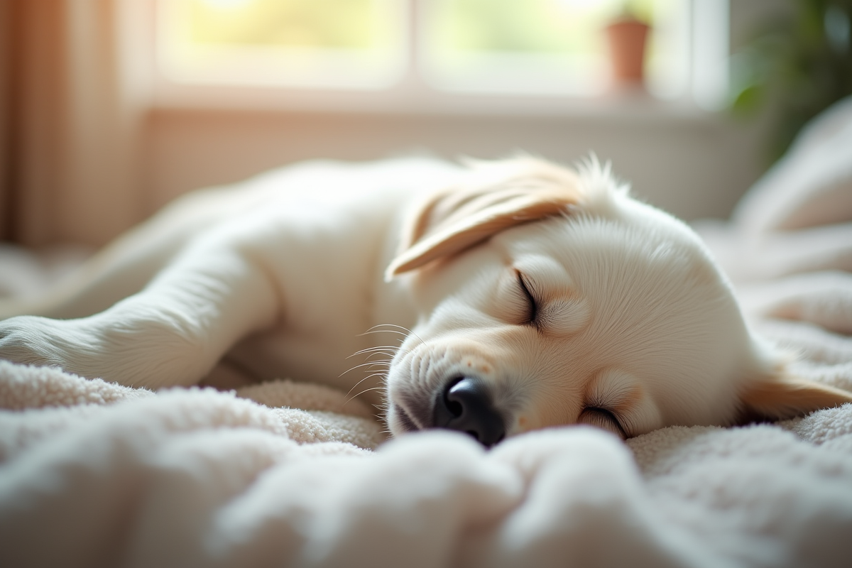 Chiot retriever blanc dormant sur une couverture cosy